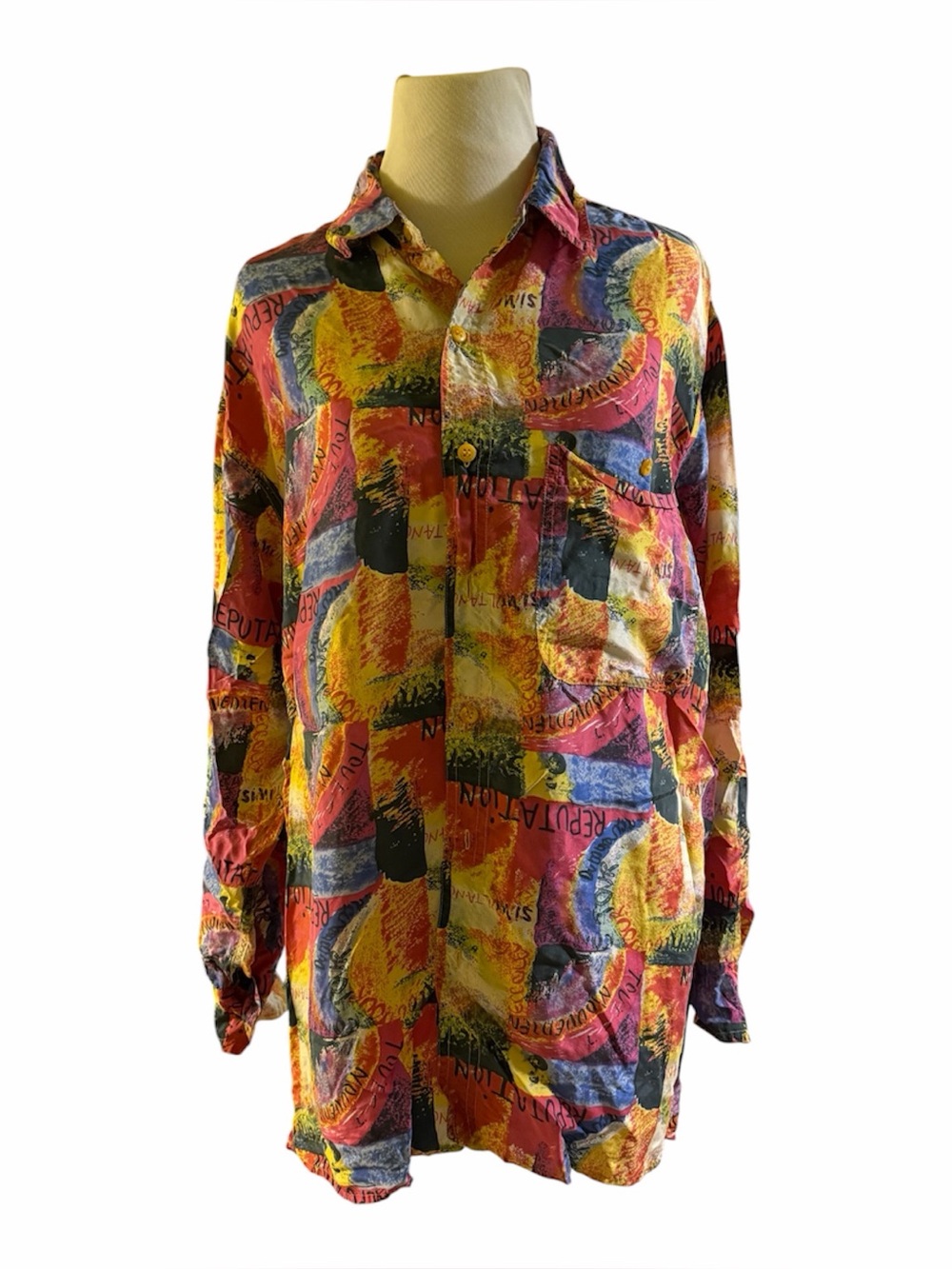 Vibrant Vintage Multicolor Mens 100% Silk Button-Up Shirt, size S groovy boho